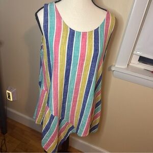 FOR CYNTHIA Top Large Tunic Striped Linen Blend Asymmetrical Hem Boho Colorful M